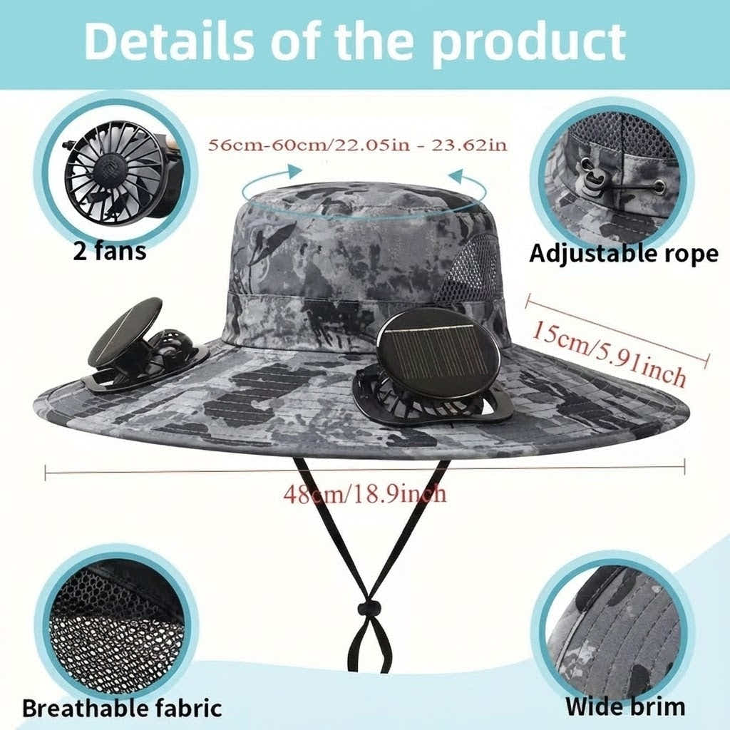 DS BS Solar Fan Hat with Dual Cooling, USB Rechargeable for Fishing , Outdoor
