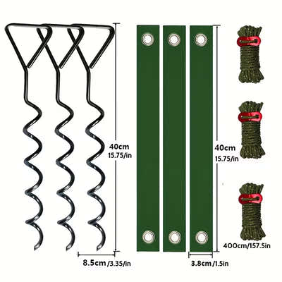DS BS 9Pcs Metal Spiral Ground Anchor Kit 40cm with Reflective Tie Down Ropes