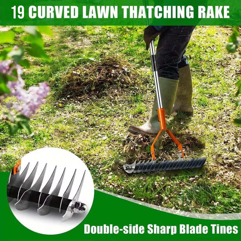 DS BS Adjustable Garden Rake 19 Tine Metal Thatching Rake