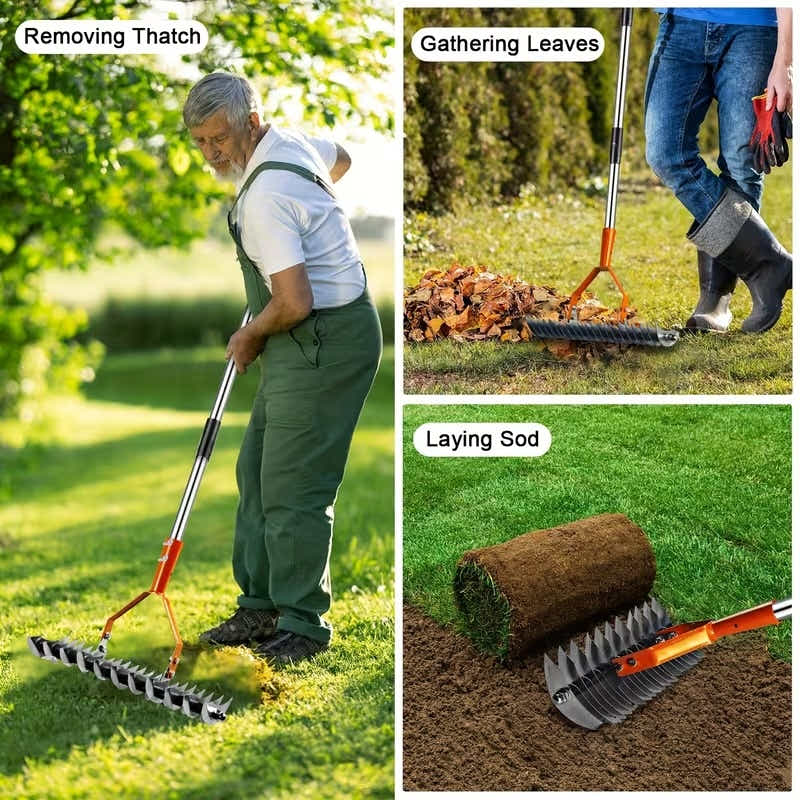 DS BS Adjustable Garden Rake 19 Tine Metal Thatching Rake