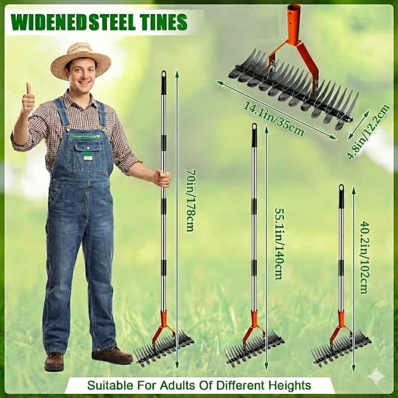 DS BS Adjustable Garden Rake 19 Tine Metal Thatching Rake