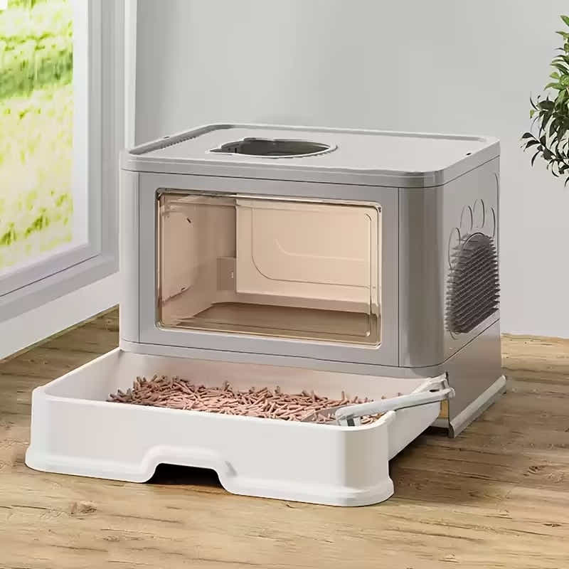 DS BS Foldable Cat Litter Box with Drawer, Enclosed Cat Toilet with Top Exit