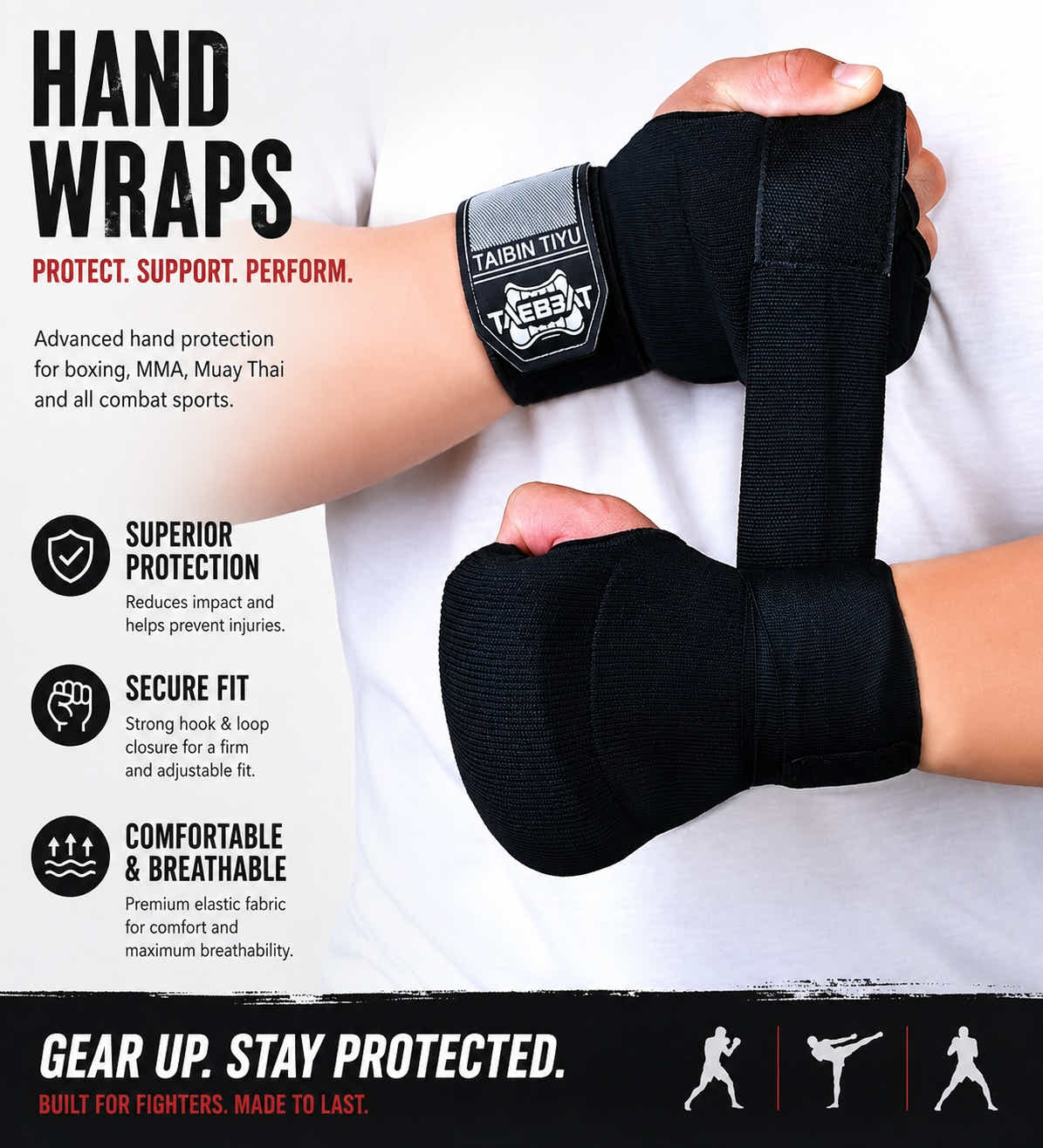 DS BS Half Finger Gel Boxing Hand Wraps | Black