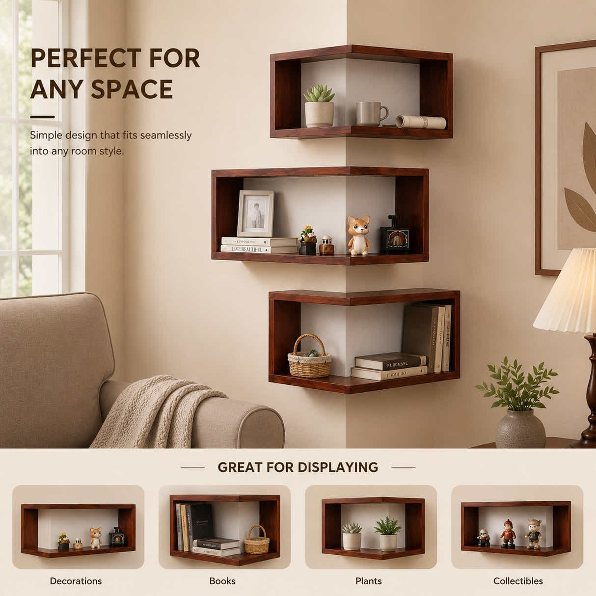 DS BS Corner Floating Shelves | Walnut color