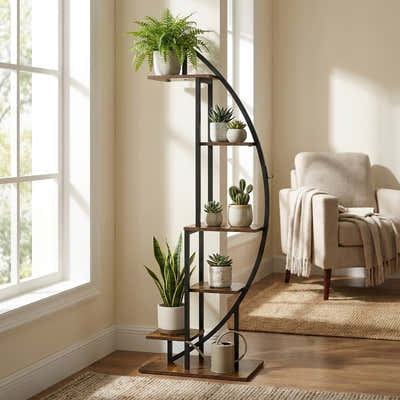 DS BS Half-moon Tiered Plant Shelf | wood color + black