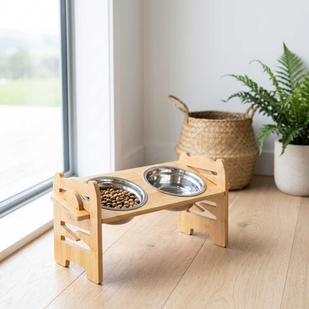 DS BS Adjustable Bamboo Raised Double Dog Bowls