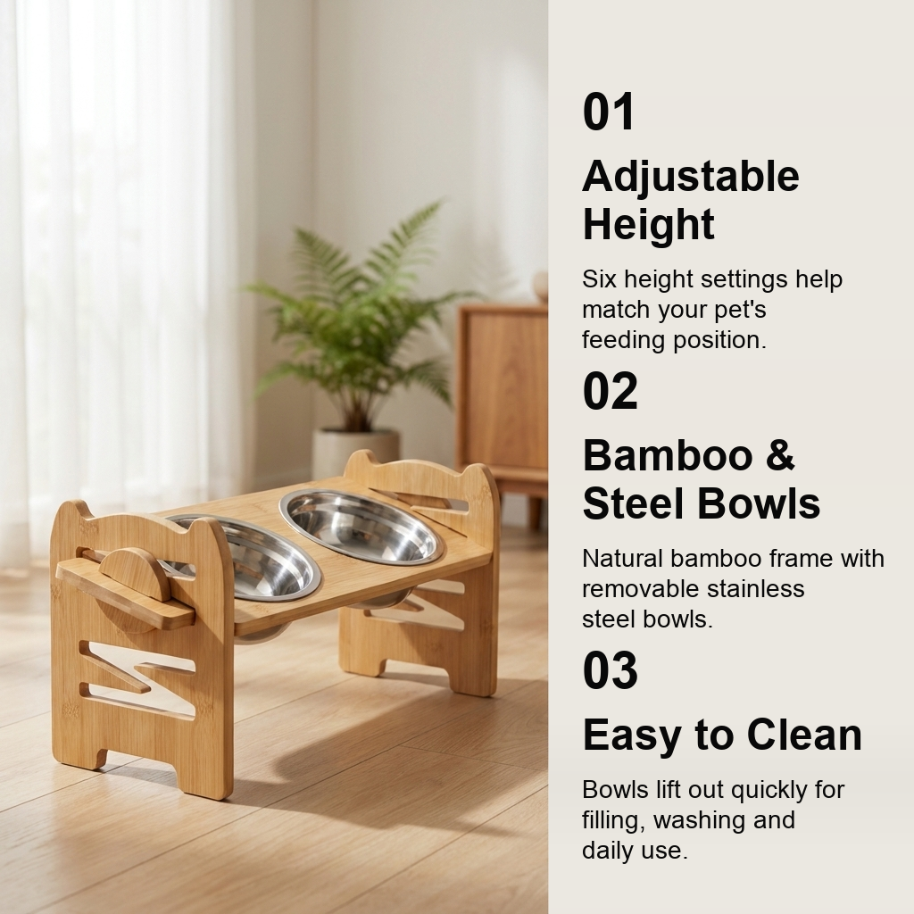 DS BS Adjustable Bamboo Raised Double Dog Bowls