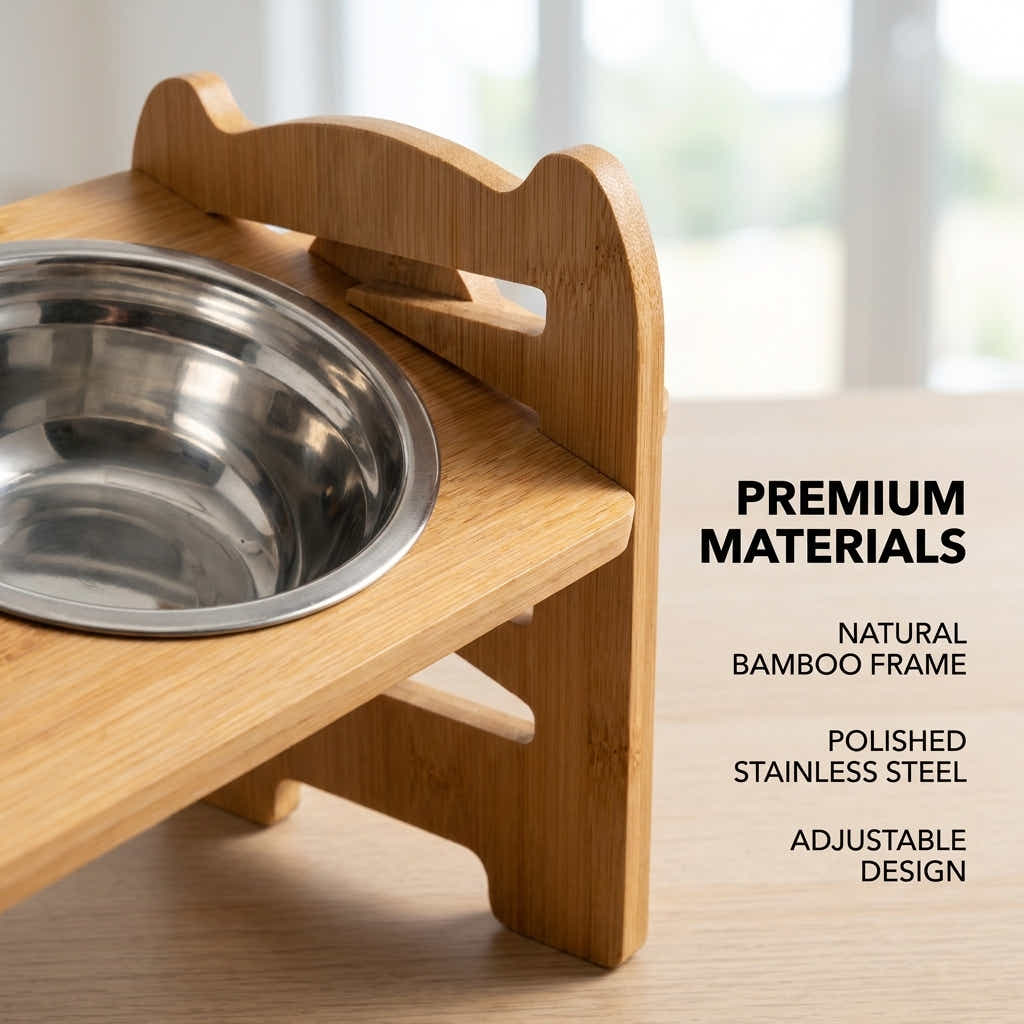 DS BS Adjustable Bamboo Raised Double Dog Bowls