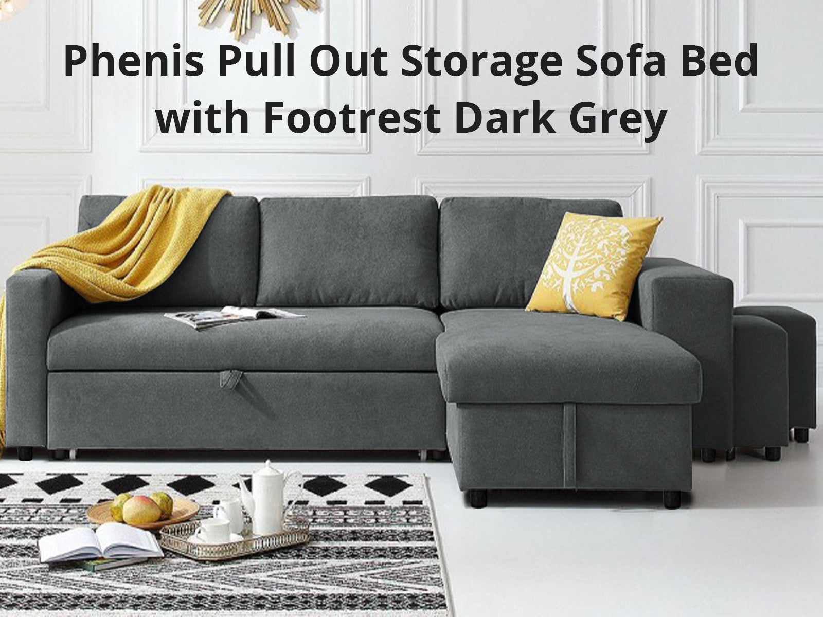 Phenis Pull Out Storage Sofa Bed with Footrest Dark Grey