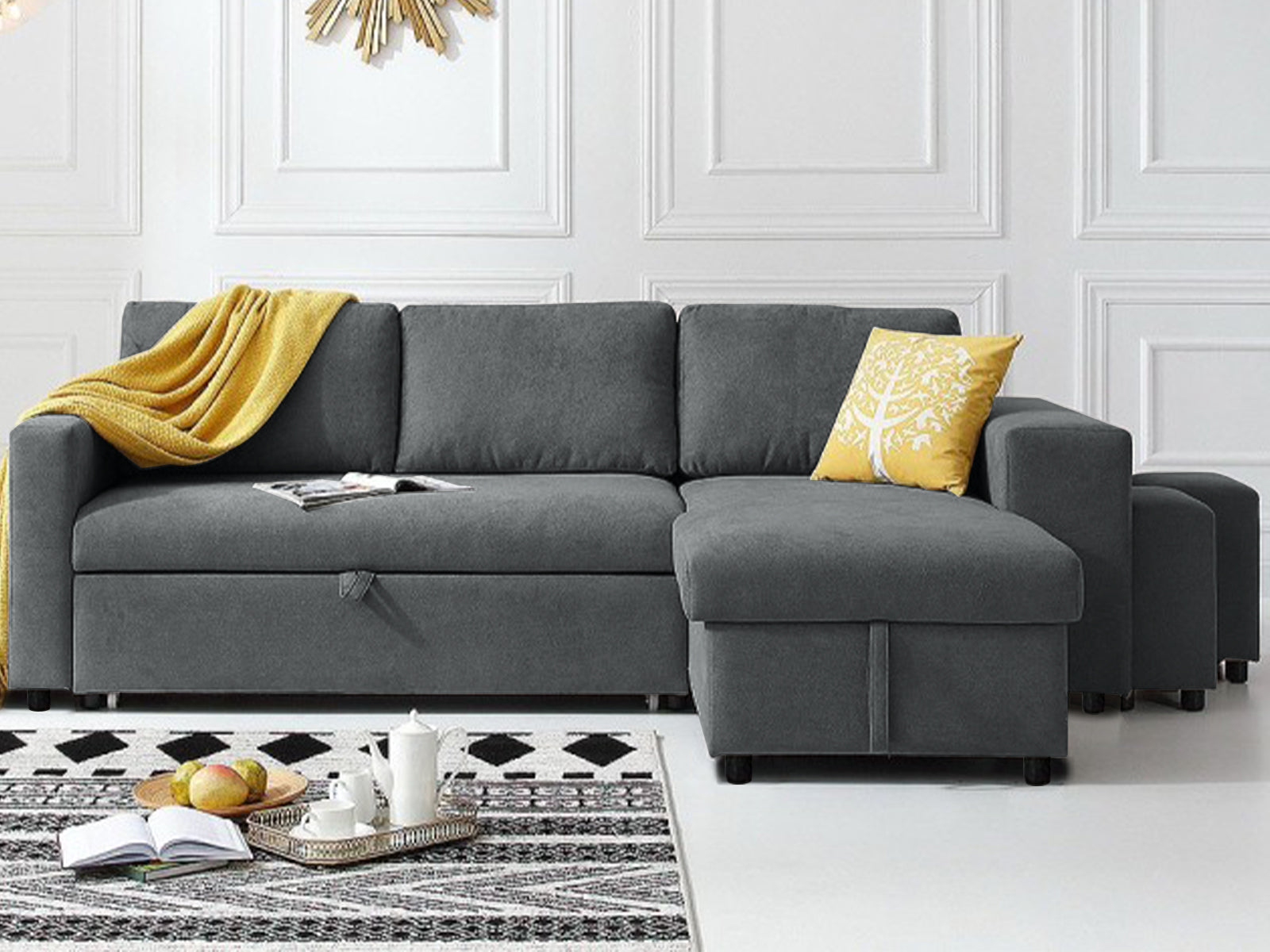 Phenis Pull Out Storage Sofa Bed with Footrest Dark Grey