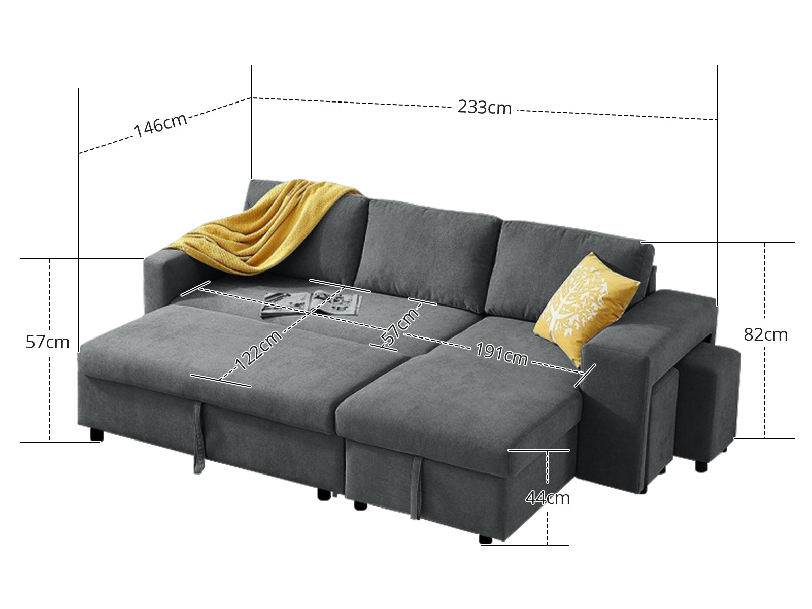 Phenis Pull Out Storage Sofa Bed with Footrest Dark Grey