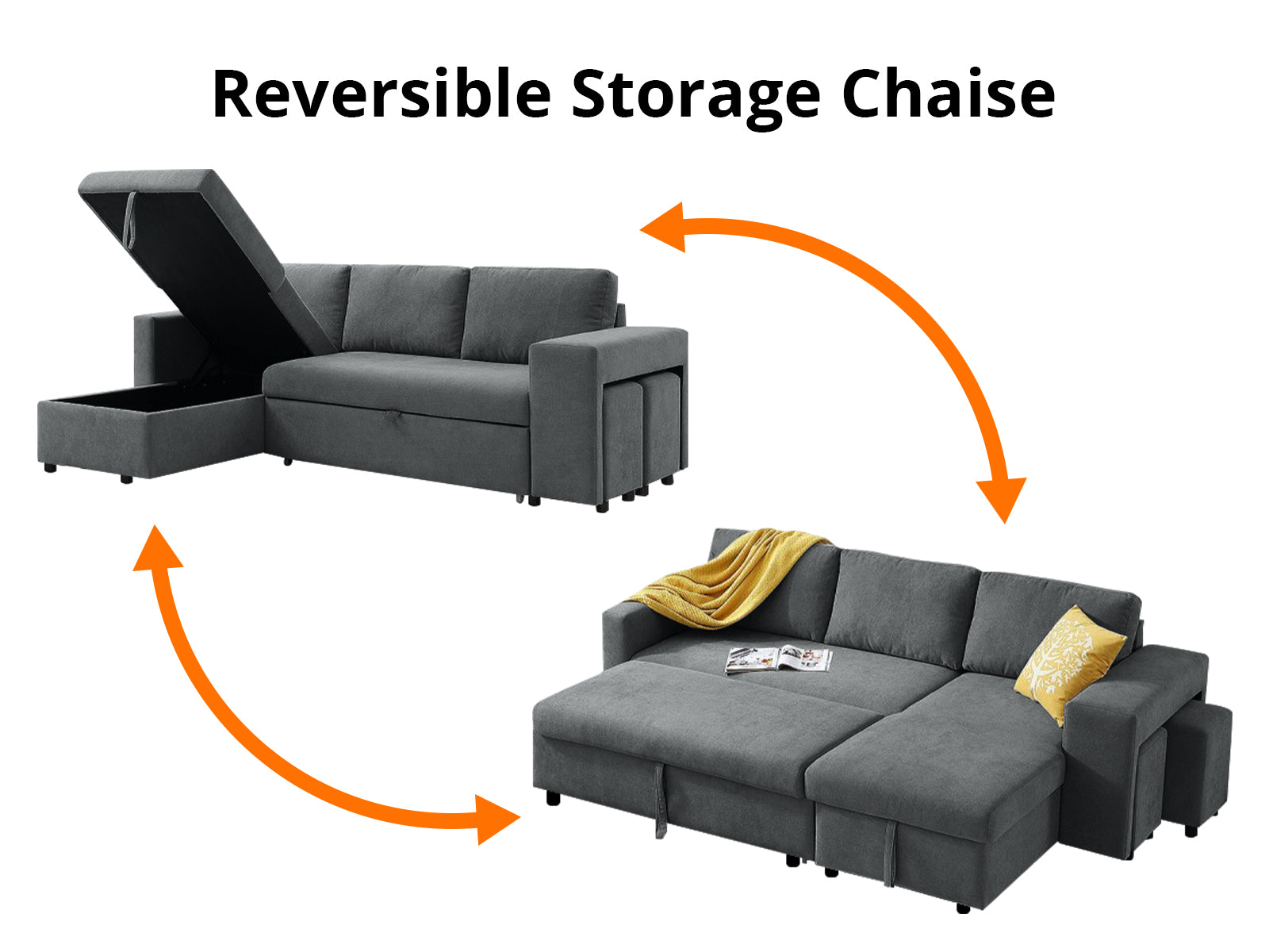 Phenis Pull Out Storage Sofa Bed with Footrest Dark Grey