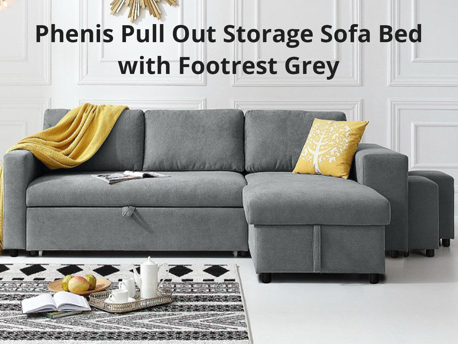 Phenis Pull Out Storage Sofa Bed with Footrest Grey