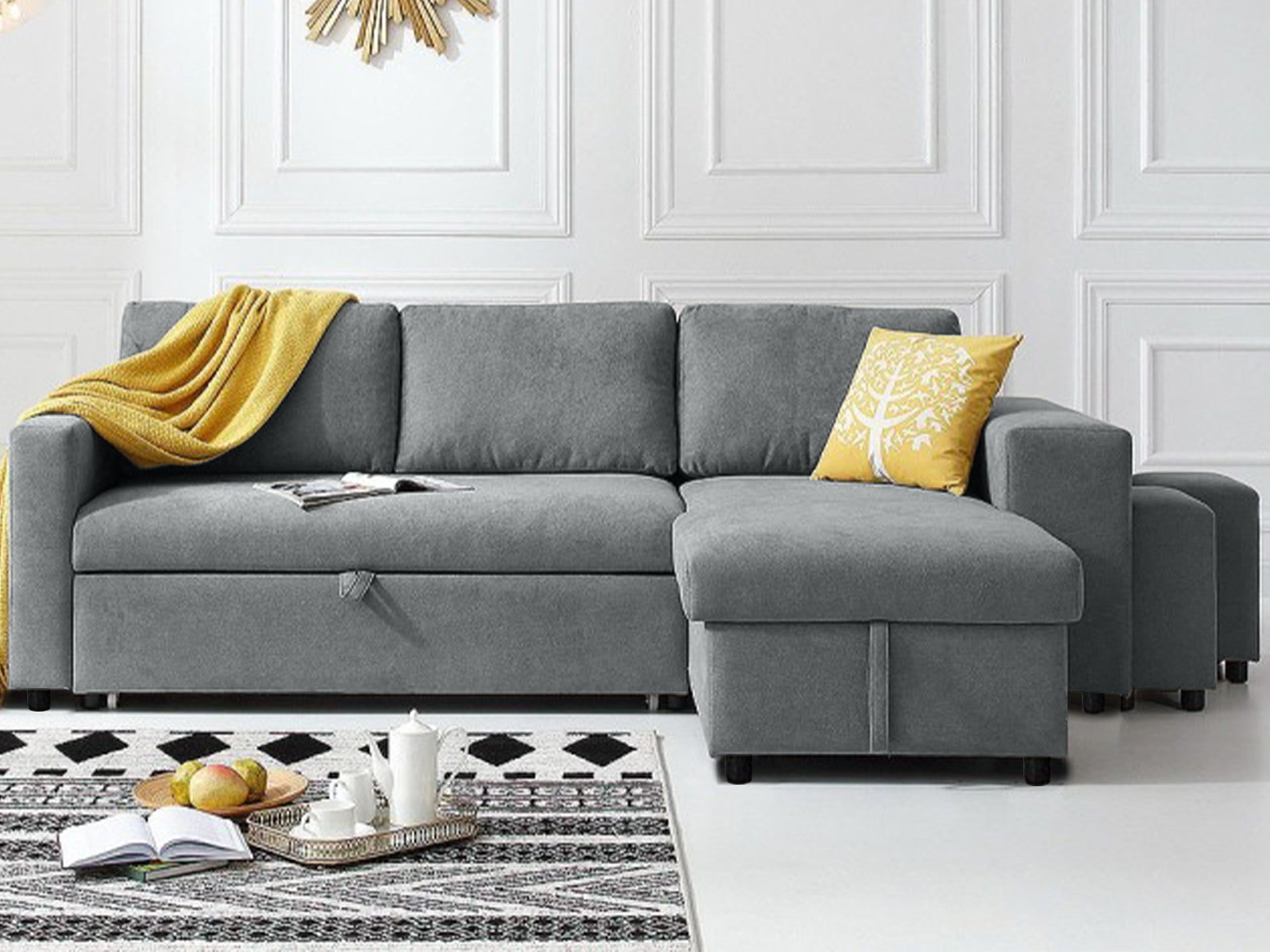 Phenis Pull Out Storage Sofa Bed with Footrest Grey