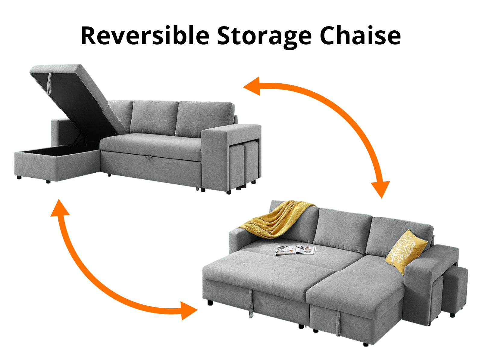 Phenis Pull Out Storage Sofa Bed with Footrest Grey