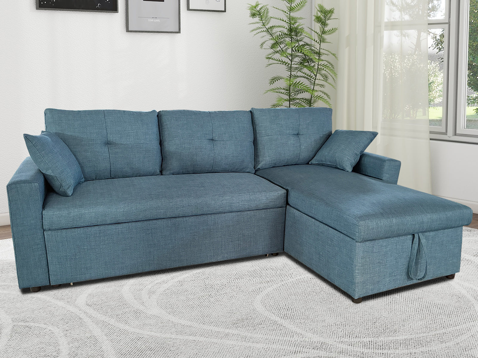Rilla Pull Out Storage Sofa Bed Linen Blue