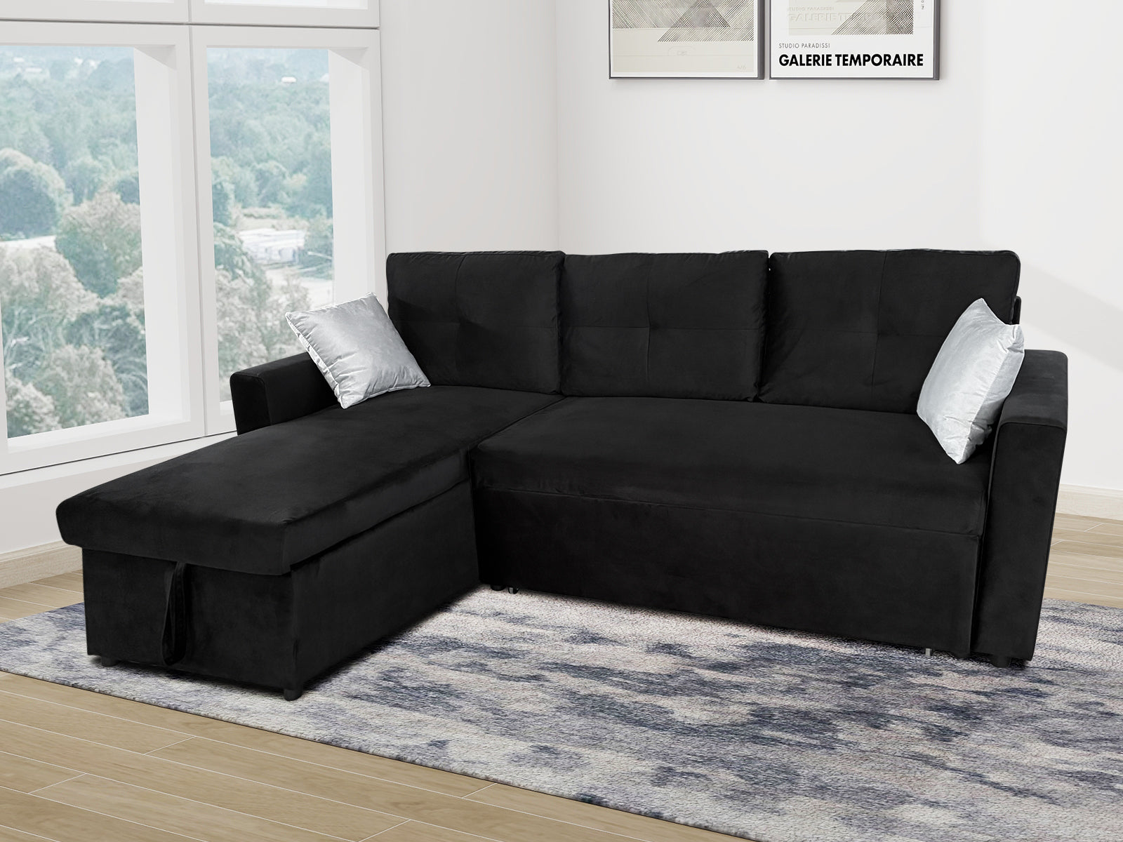 Rilla Pull Out Sofa Bed With Storage - Velvet Black