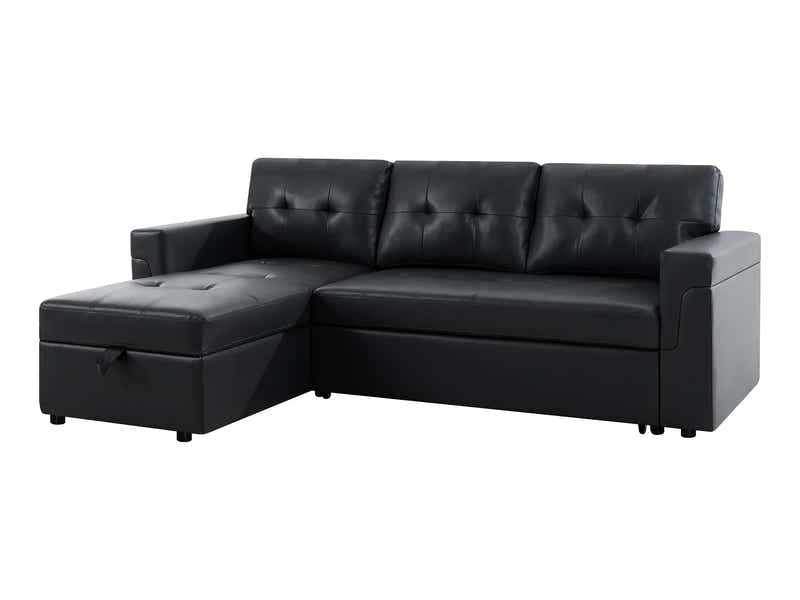 Auden Pull Out Sofa Bed with Storage Chaise PU Black