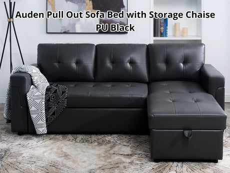 DS Auden Pull Out Sofa Bed with Storage Chaise PU Black