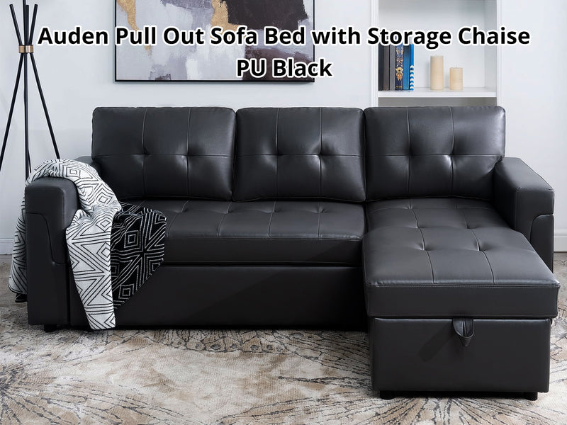 DS Auden Pull Out Sofa Bed with Storage Chaise PU Black