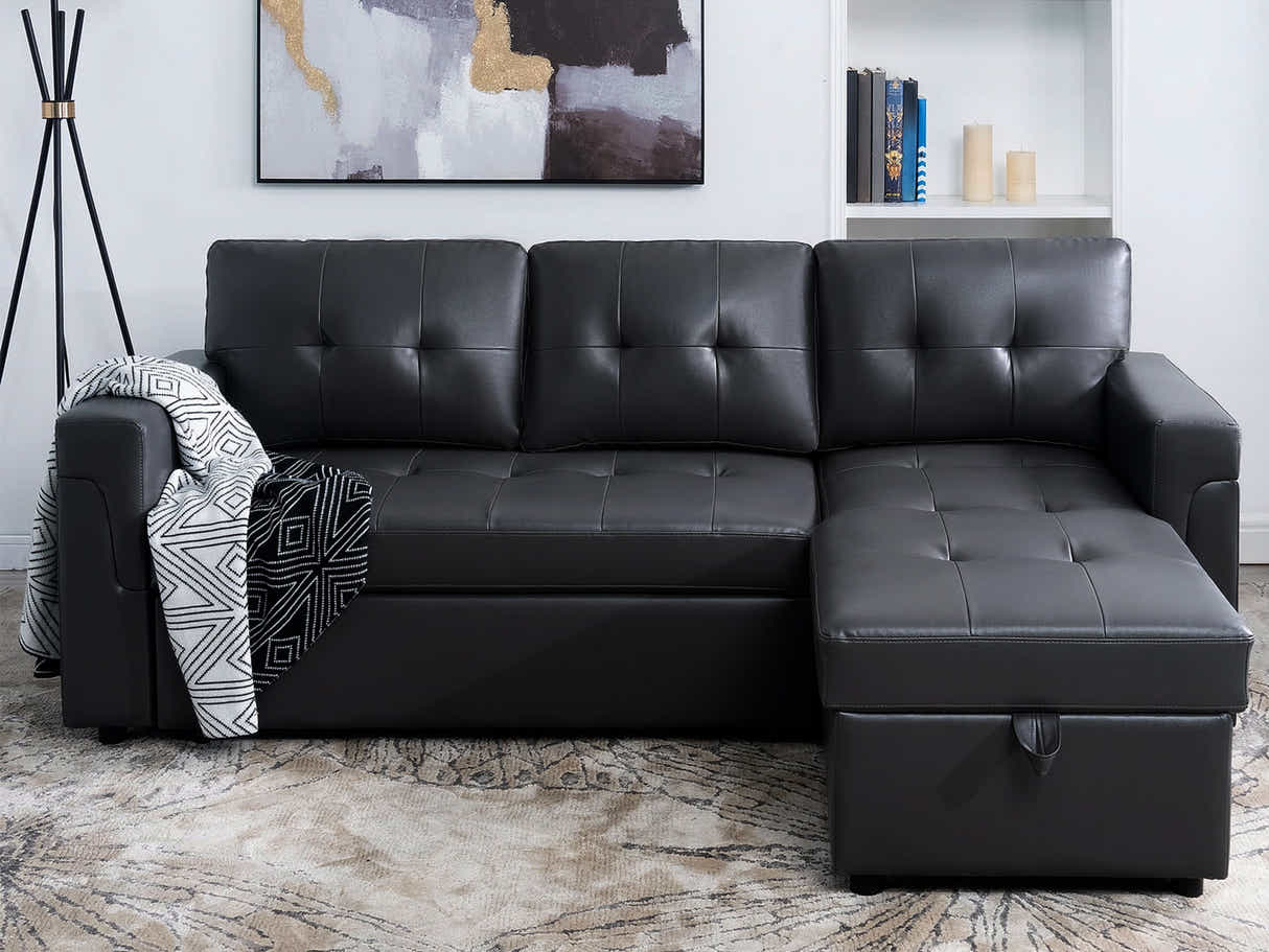 Auden Pull Out Sofa Bed with Storage Chaise PU - Black