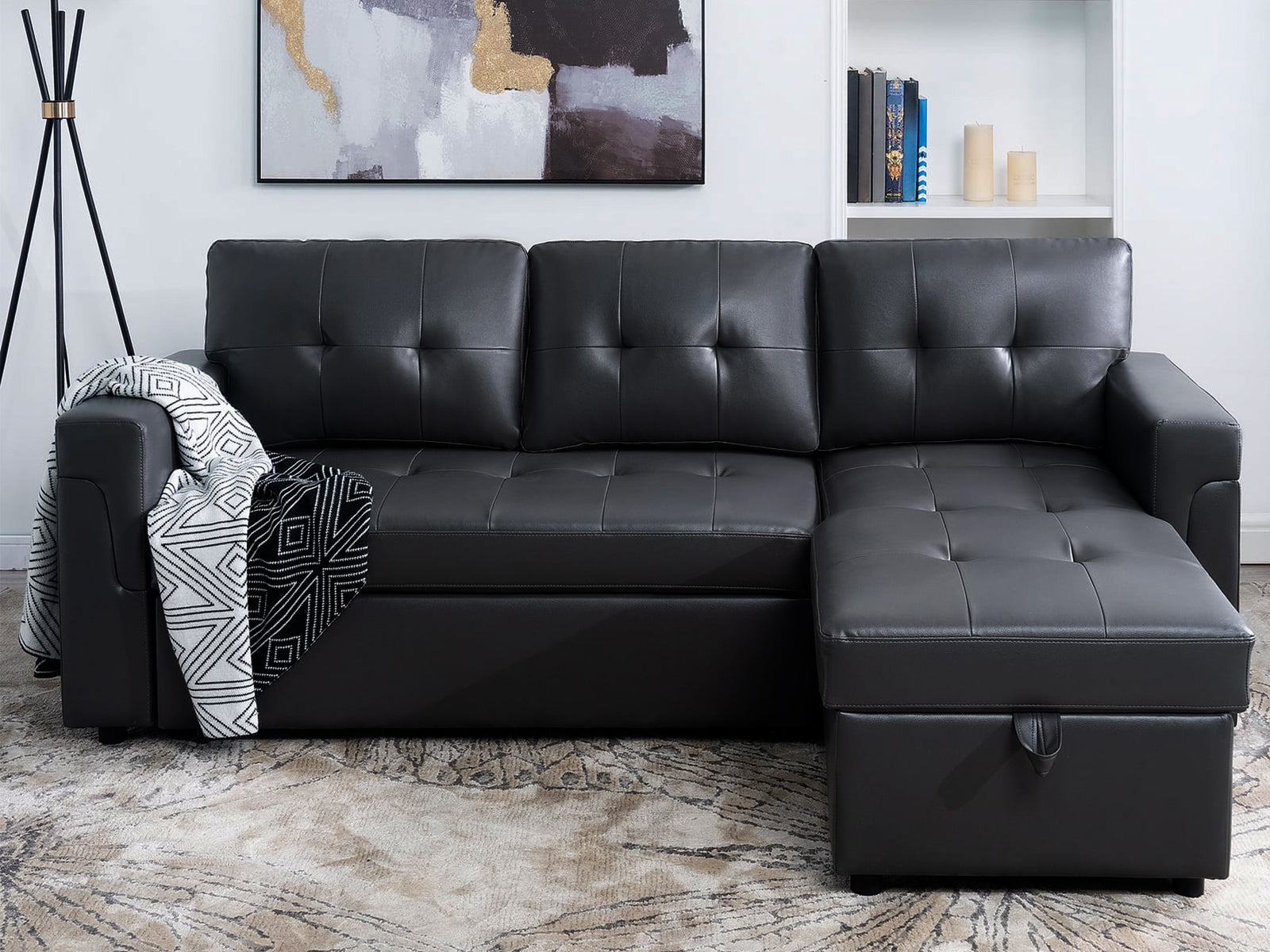 DS Auden Pull Out Sofa Bed with Storage Chaise PU Black