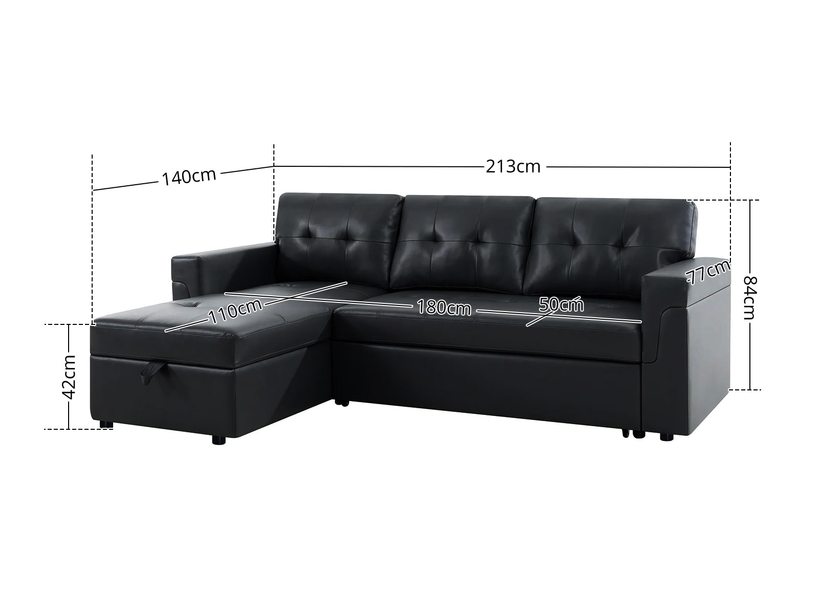 DS Auden Pull Out Sofa Bed with Storage Chaise PU Black