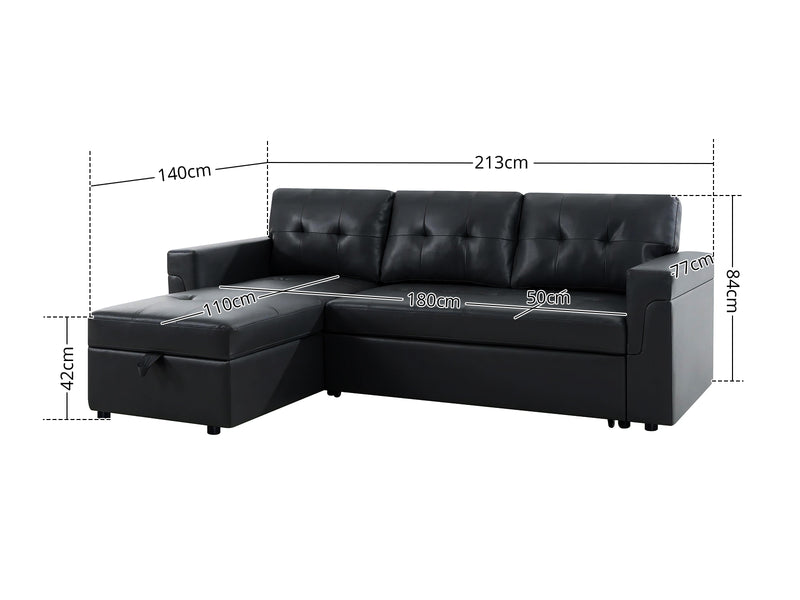 DS Auden Pull Out Sofa Bed with Storage Chaise PU Black