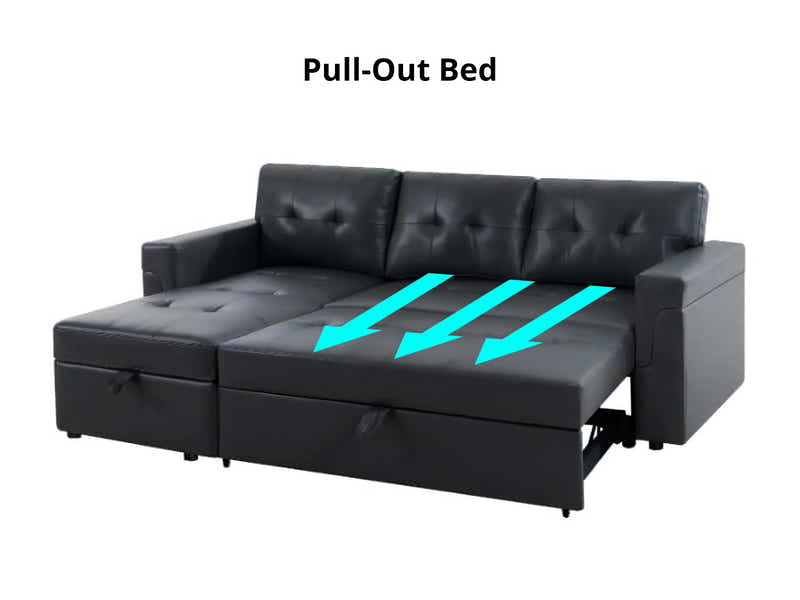 Auden Pull Out Sofa Bed with Storage Chaise PU Black