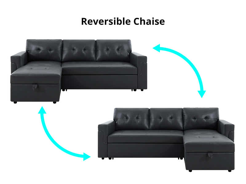 Auden Pull Out Sofa Bed with Storage Chaise PU Black