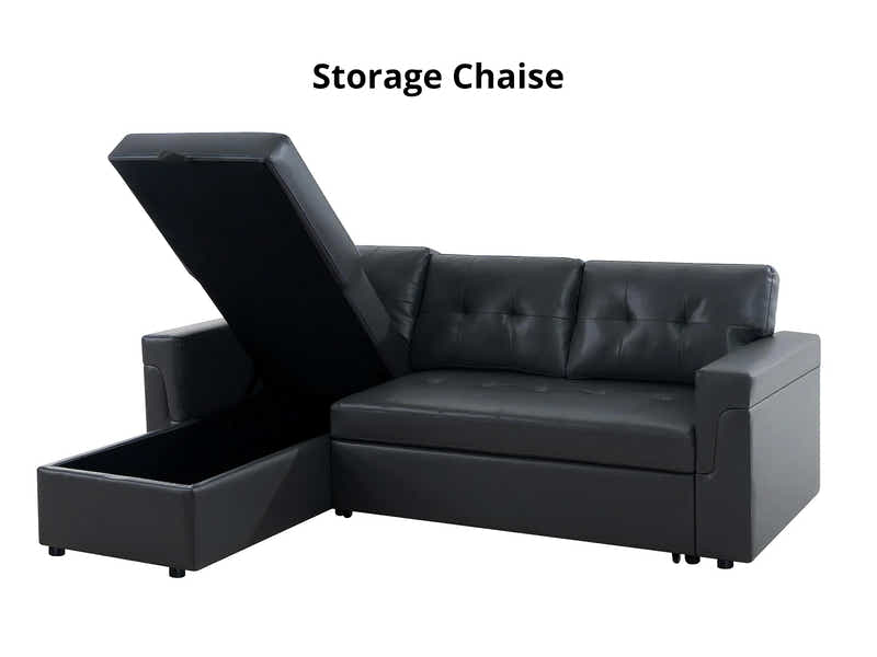Auden Pull Out Sofa Bed with Storage Chaise PU Black