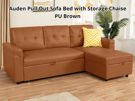 DS Auden Pull Out Sofa Bed with Storage Chaise PU Brown