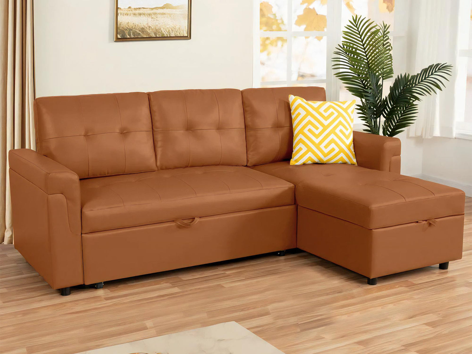 DS Auden Pull Out Sofa Bed with Storage Chaise PU Brown
