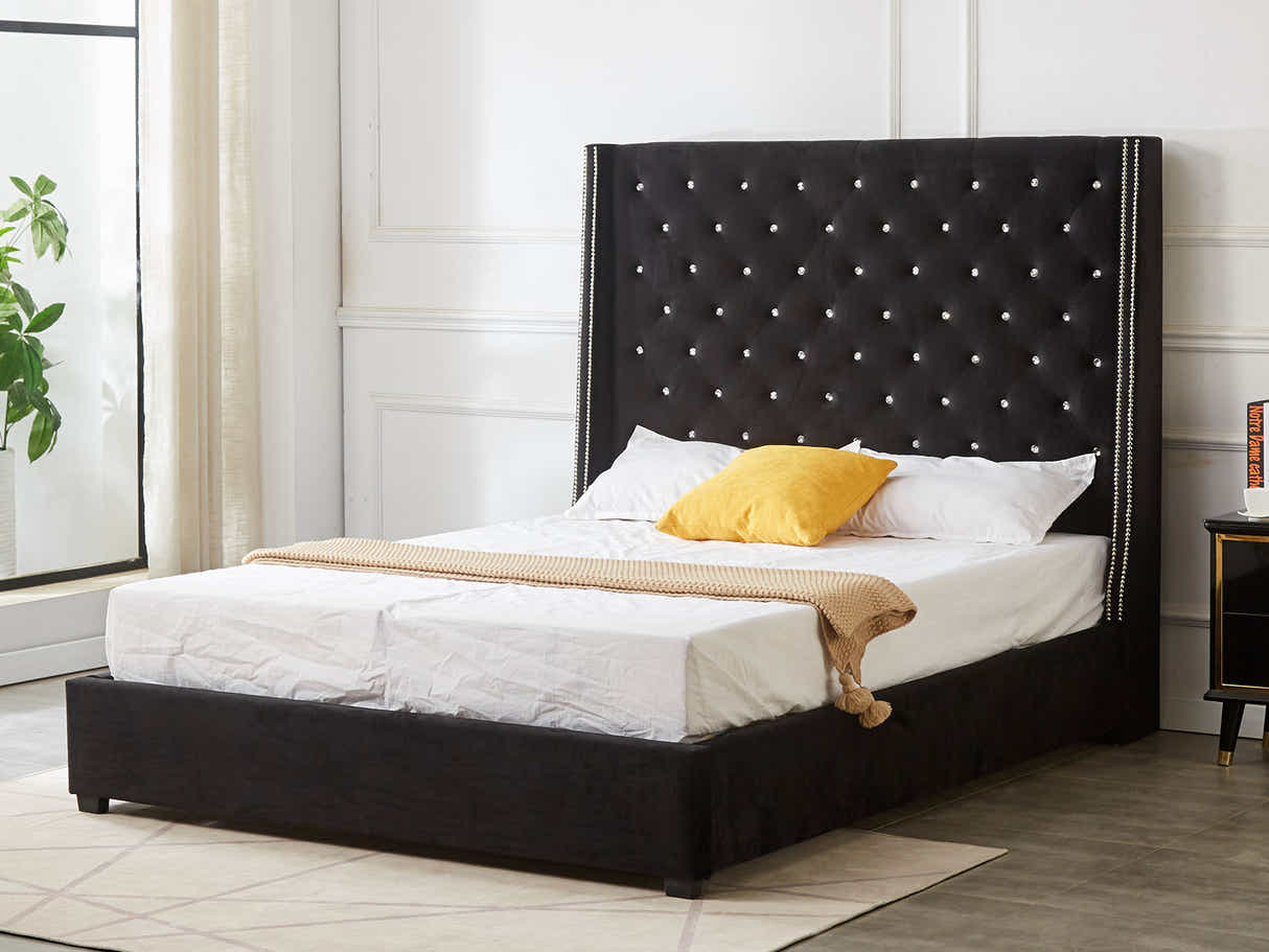 Aria Velvet Bed Frame Black & Euro Top Mattress G31 - Queen