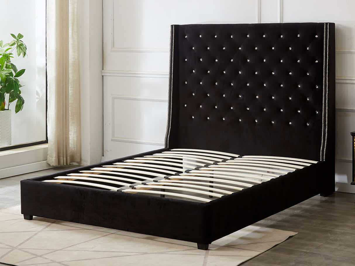 Aria Velvet Bed Frame Black & Euro Top Mattress G31 - Queen