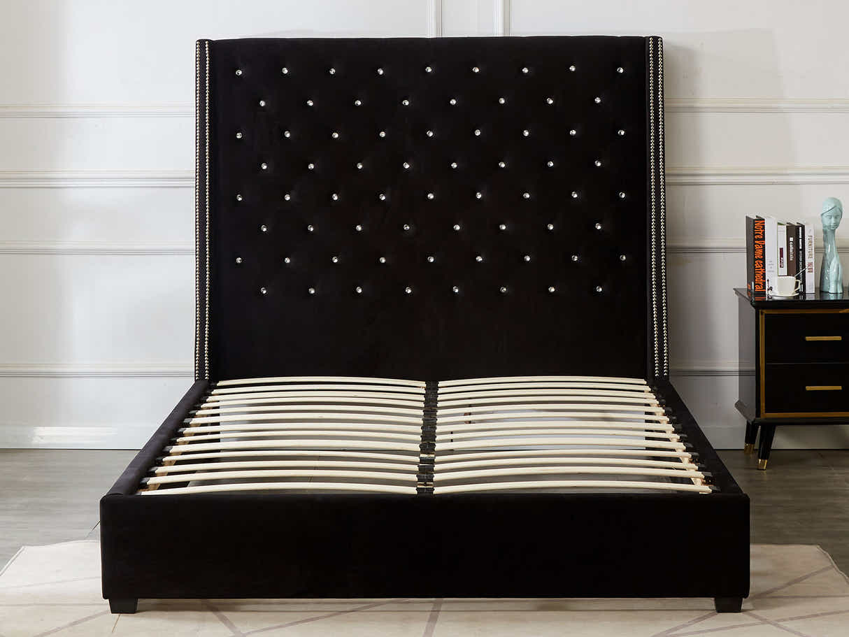 Aria Velvet Bed Frame Black & Euro Top Mattress G31 - Queen