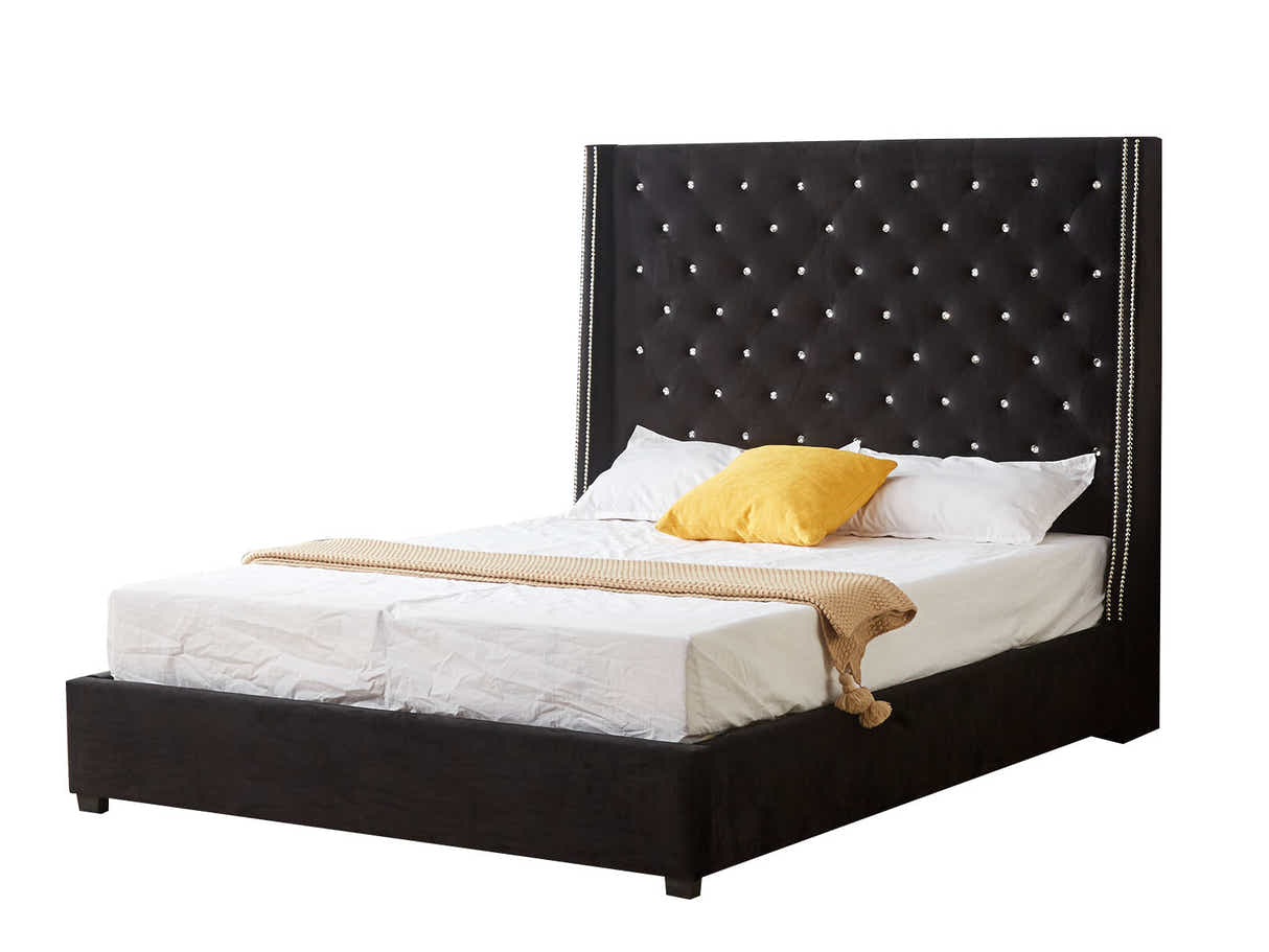 Aria Velvet Bed Frame Black & Euro Top Mattress G31 - Queen
