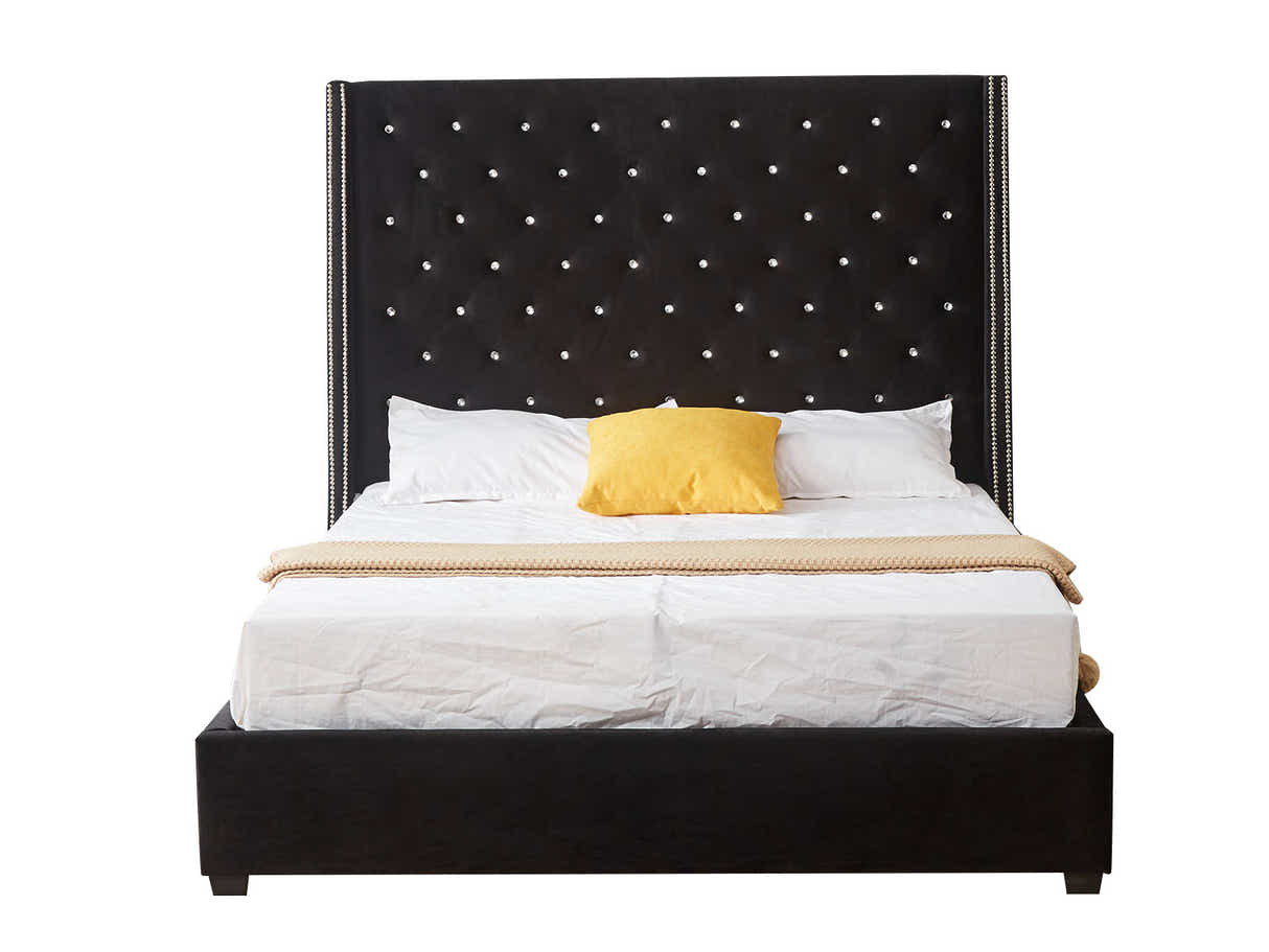 Aria Velvet Bed Frame Black & Euro Top Mattress G31 - Queen