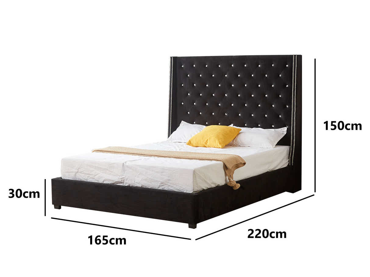 Aria Velvet Bed Frame Black & Euro Top Mattress G31 - Queen