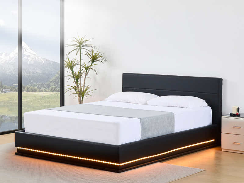 Harold Storage Bed with LED Light PU Black - Queen