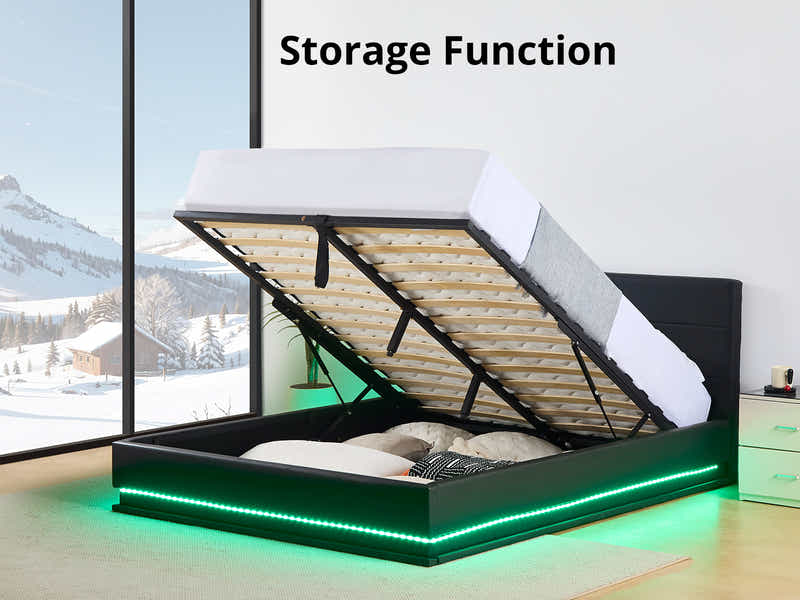 Harold Storage Bed with LED Light PU Black - Queen