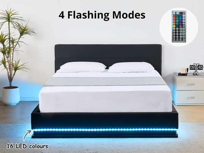 Harold Storage Bed with LED Light PU Black - Queen