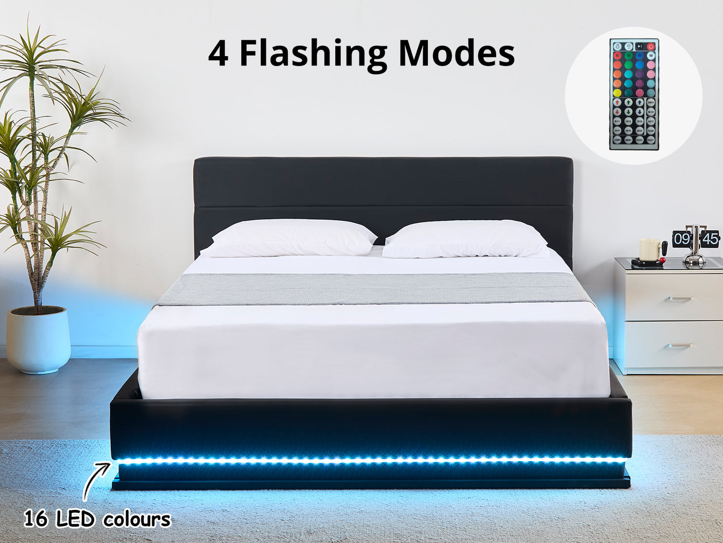 Harold Storage Queen Bed Frame with LED Light - PU Black