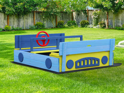 Wooden Sandbox With Play Wheel & Built-In Seats