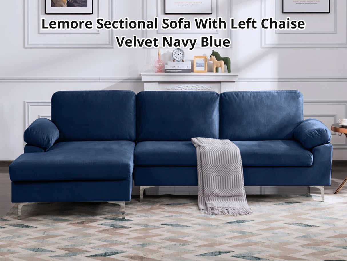 Lemore Velvet Sofa With Left Chaise - Navy Blue