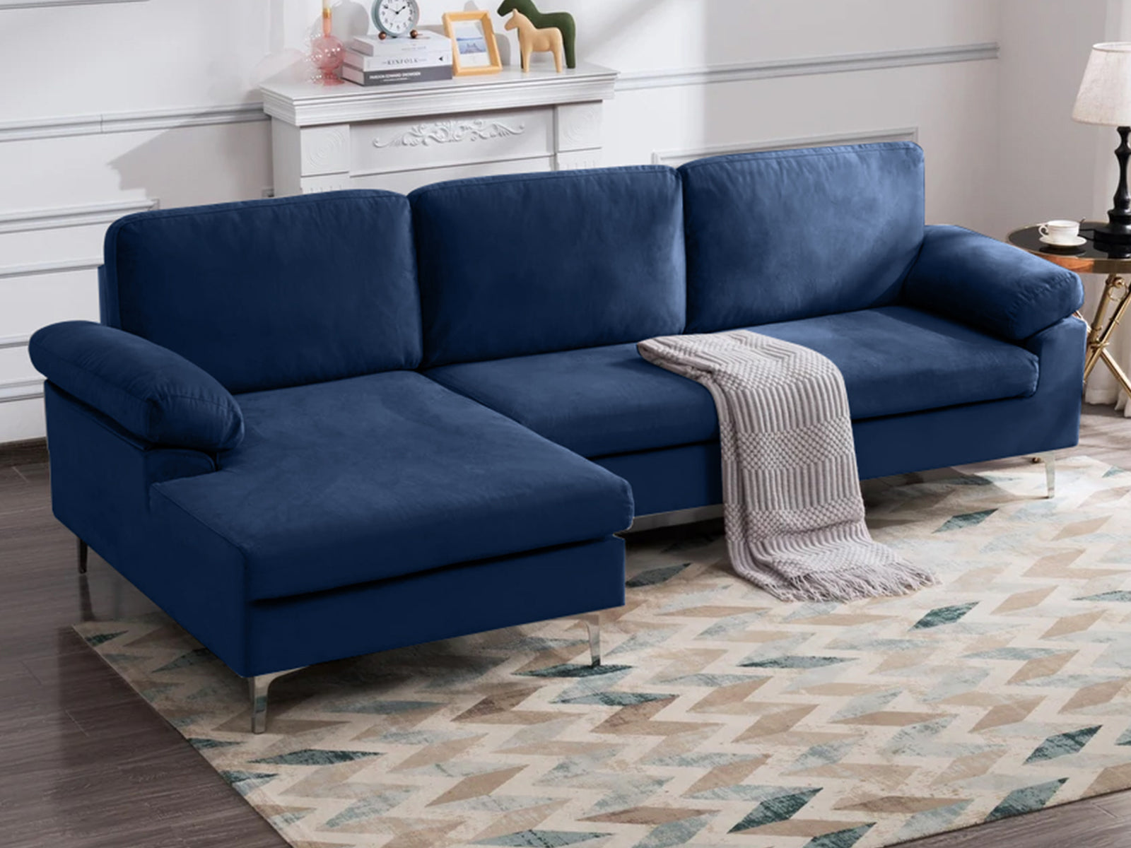 DS Lemore Sectional Sofa with Left Chaise Velvet Navy Blue