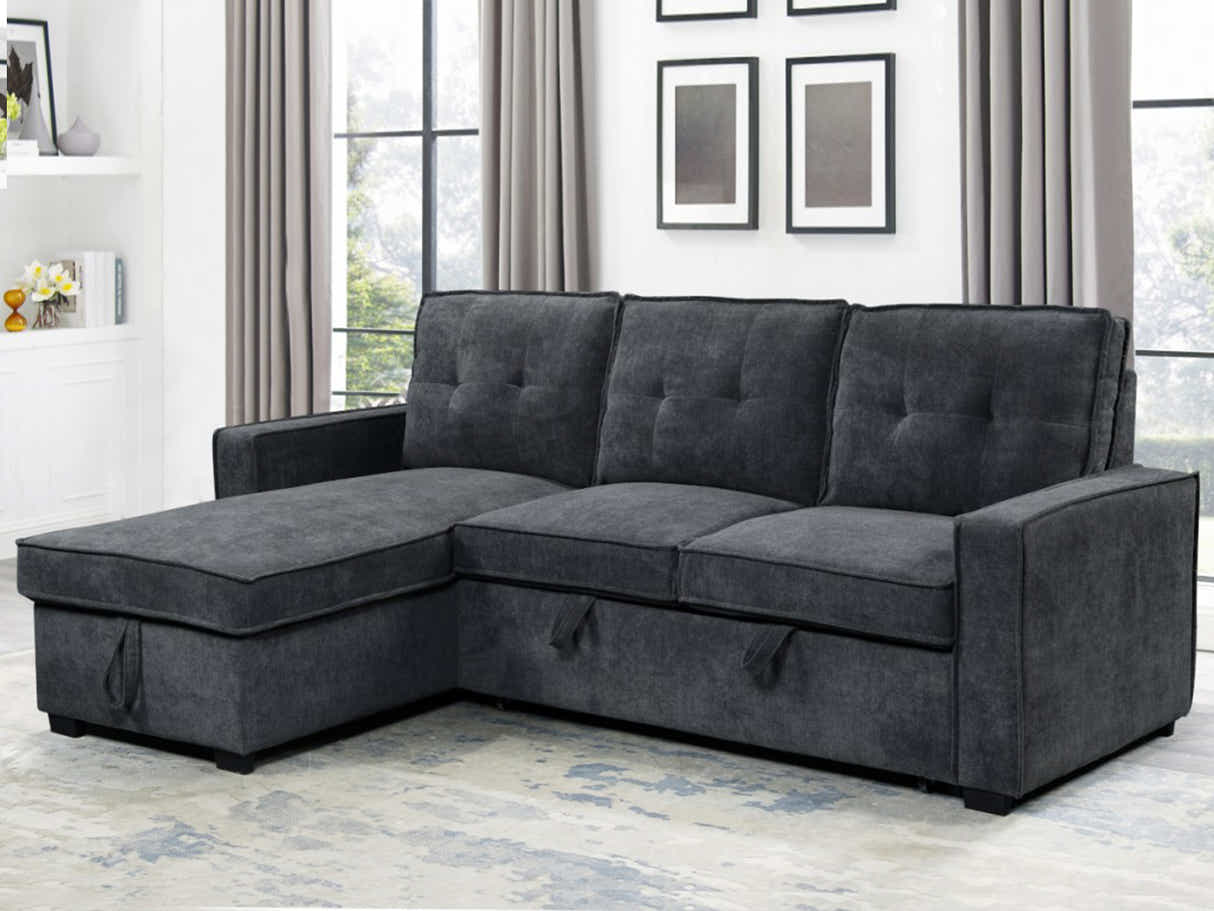 Collyn Chenille Sofa Bed with Left Chaise – Dark Grey