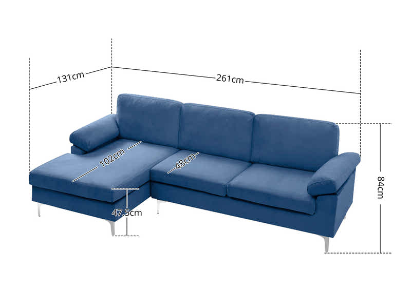 DS Pauline Velvet Sectional Sofa with Left Chaise Blue