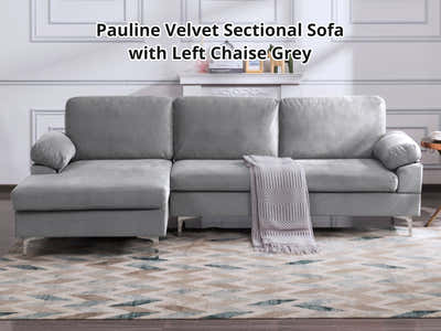 DS Pauline Velvet Sectional Sofa with Left Chaise Grey