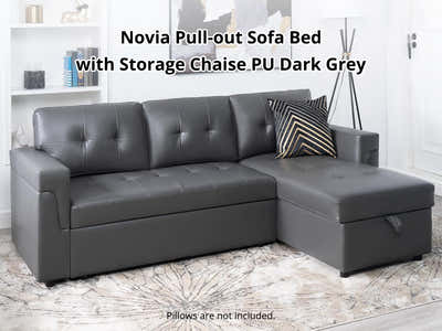 DS Novia Pull-out Sofa Bed with Storage Chaise PU Dark Grey